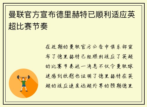 曼联官方宣布德里赫特已顺利适应英超比赛节奏 曼联官方宣布德里赫特已顺利适应英超比赛节奏