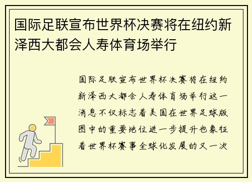 国际足联宣布世界杯决赛将在纽约新泽西大都会人寿体育场举行 国际足联宣布世界杯决赛将在纽约新泽西大都会人寿体育场举行
